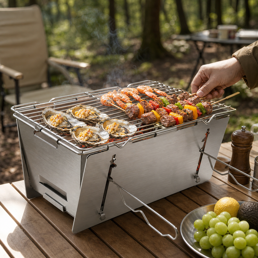 Portable stainless-steel charcoal grill in use outdoors