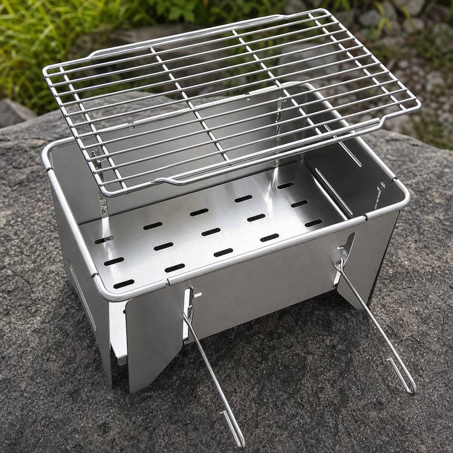 Skewers cooking over the portable charcoal grill