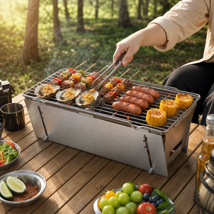 Removable charcoal plate inside the folding grill
